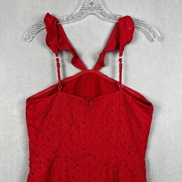J.O.A Red Eyelet Lace Mini Dress Halter Ruffle Straps Size Medium - Picture 10 of 13